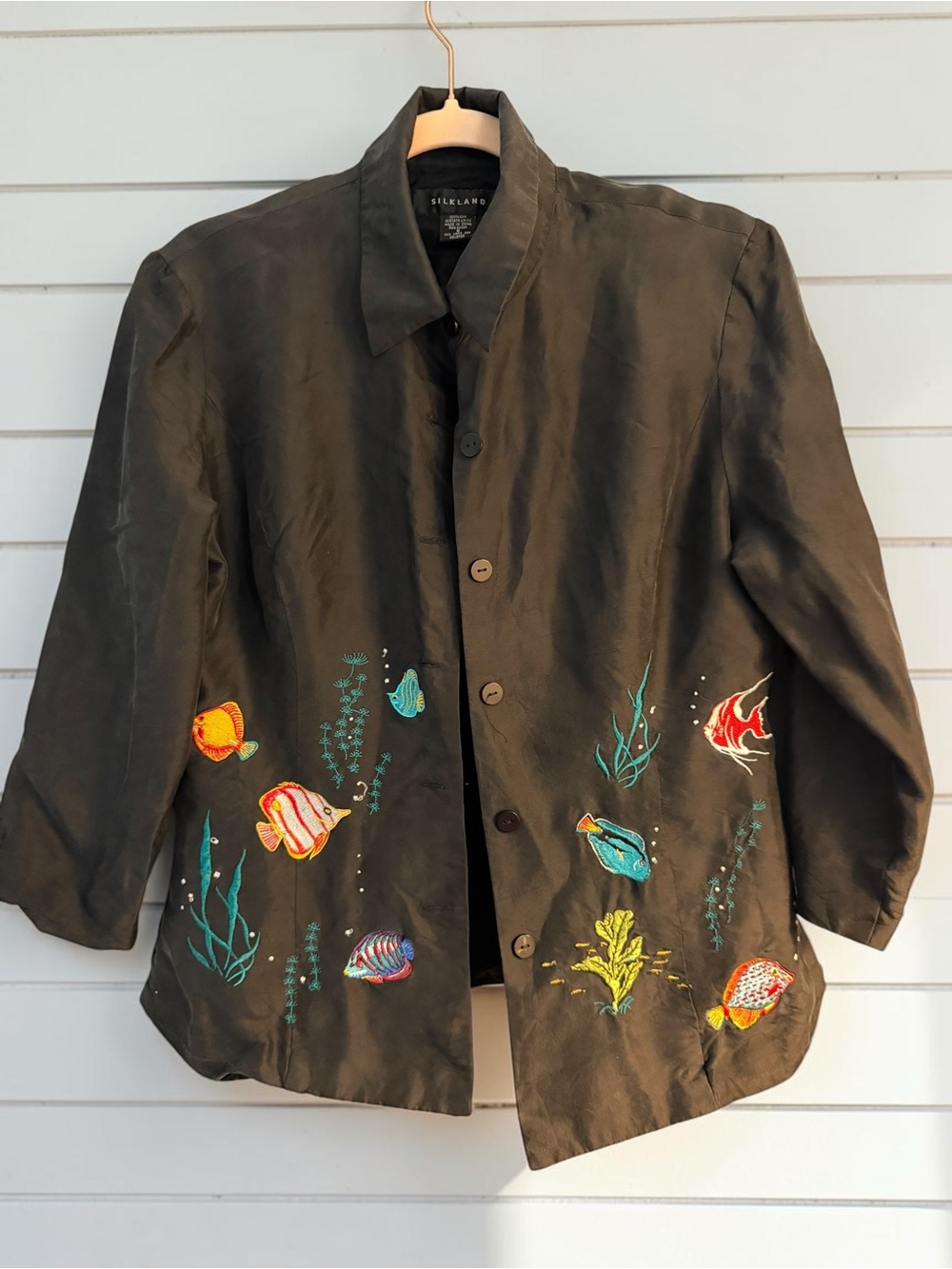 Silkland 100% Silk Jacket Embroidered Tropical Fish Coral Statement Piece Sz 8